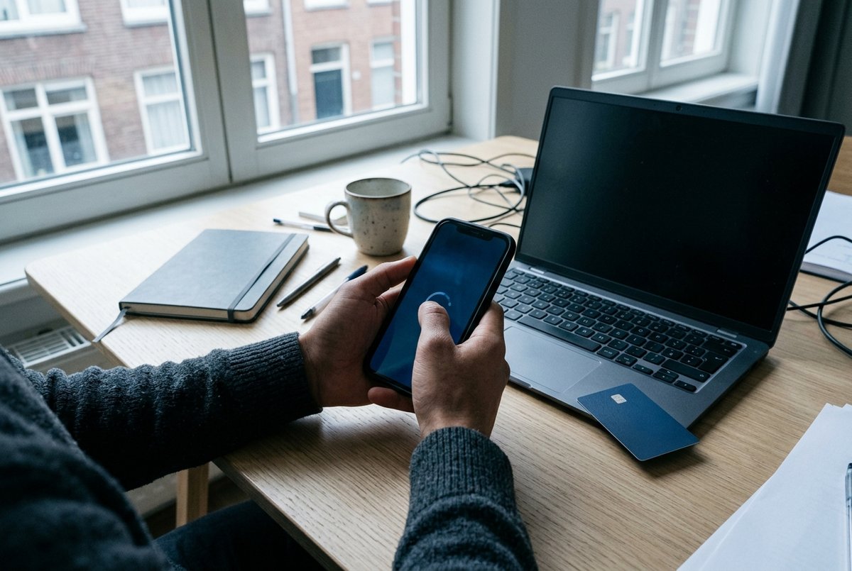 Iemand bevestigt op een telefoon een betaling, met een bankpas naast de laptop.