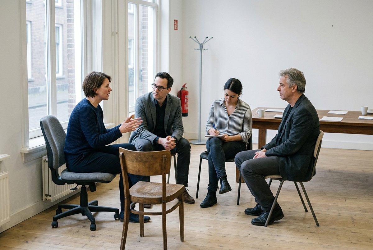 Vier mensen in een halve kring in een eenvoudige vergaderruimte, een van hen praat.