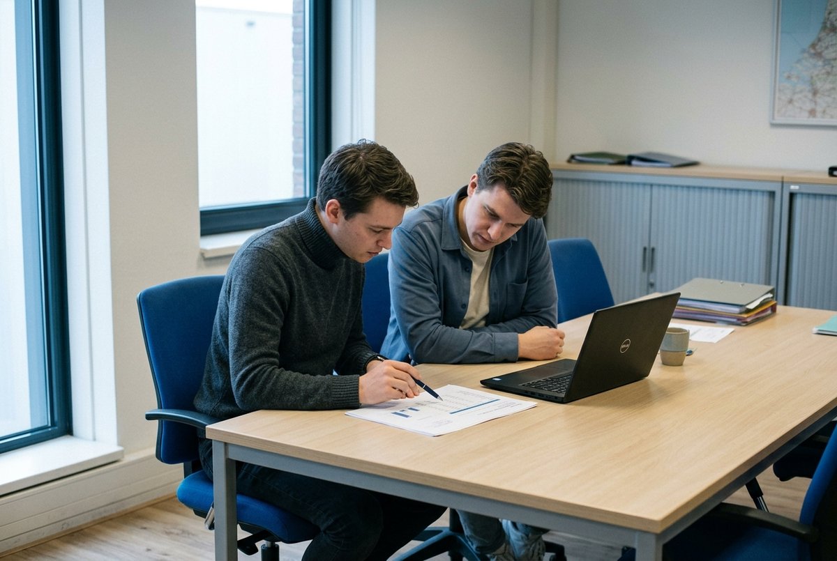 Twee mensen kijken samen naar een uitgeprint overzicht met cijfers.