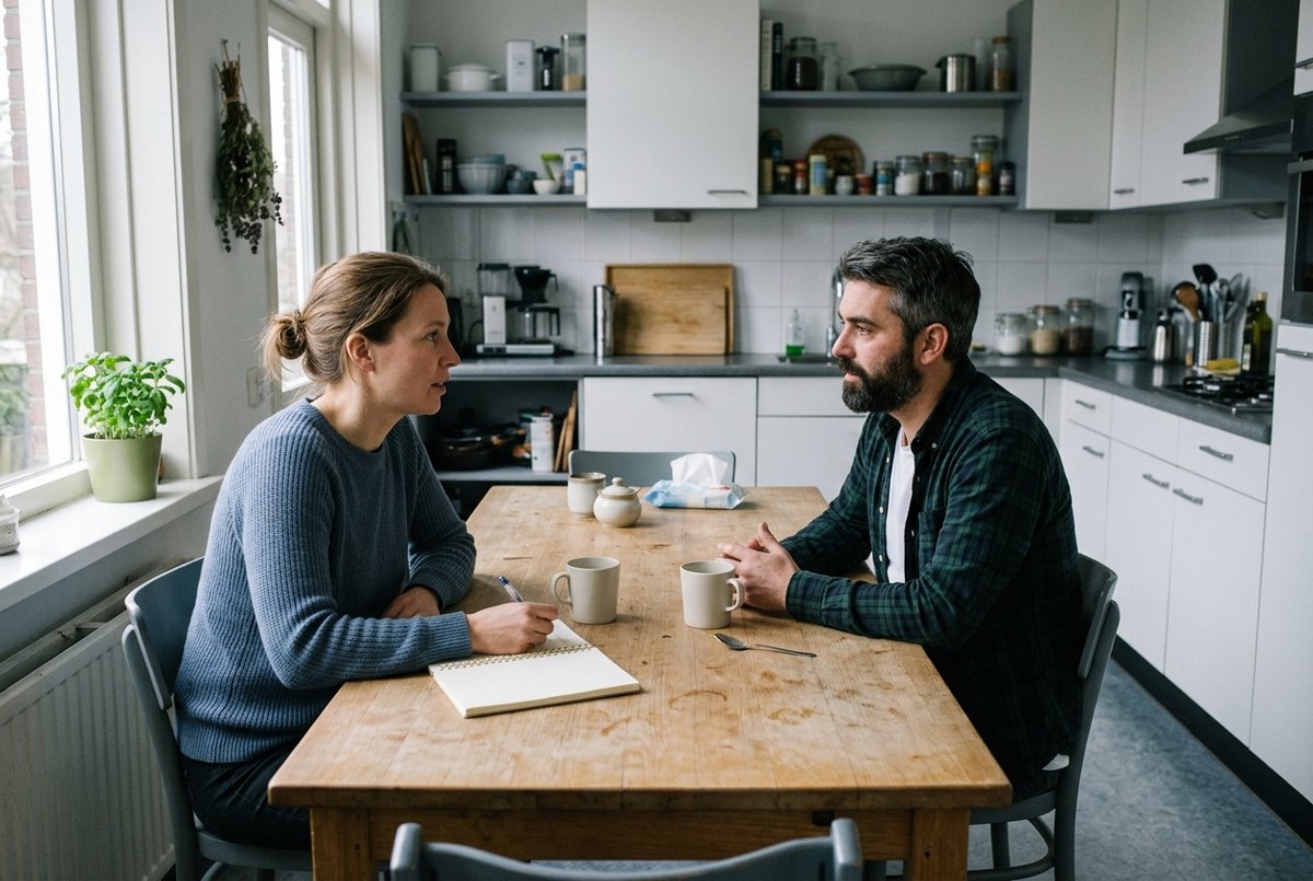 Twee mensen aan een keukentafel in gesprek, een van hen maakt aantekeningen.