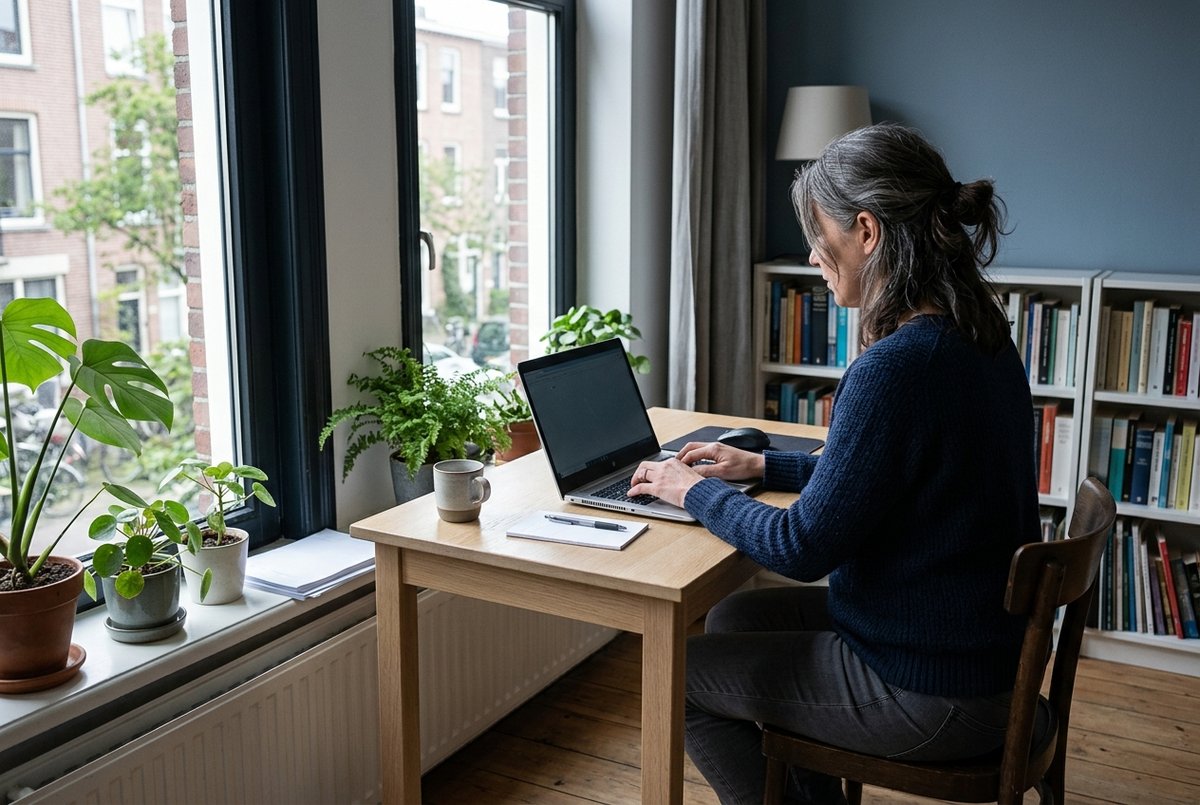 Een vrouw typt aan een klein bureau bij het raam een persoonlijk bericht.
