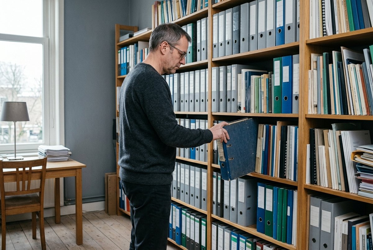 Een man haalt een oude ordner met eigen lesmateriaal uit de kast.