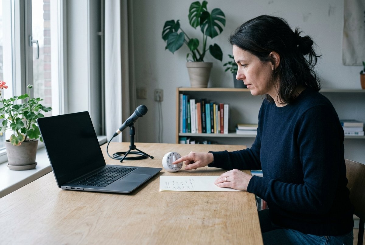 Een vrouw aan een bureau drukt op een keukenwekker terwijl ze haar hand op een handgeschreven lijstje houdt, naast een laptop met een donker scherm en een tafelmicrofoon.