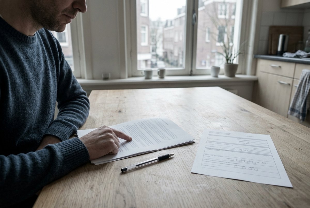 Een man in een trui zit aan een keukentafel met zijn wijsvinger bij een alinea van een geniet arbeidscontract, met een pen ernaast en rechts een ingevuld formulier.