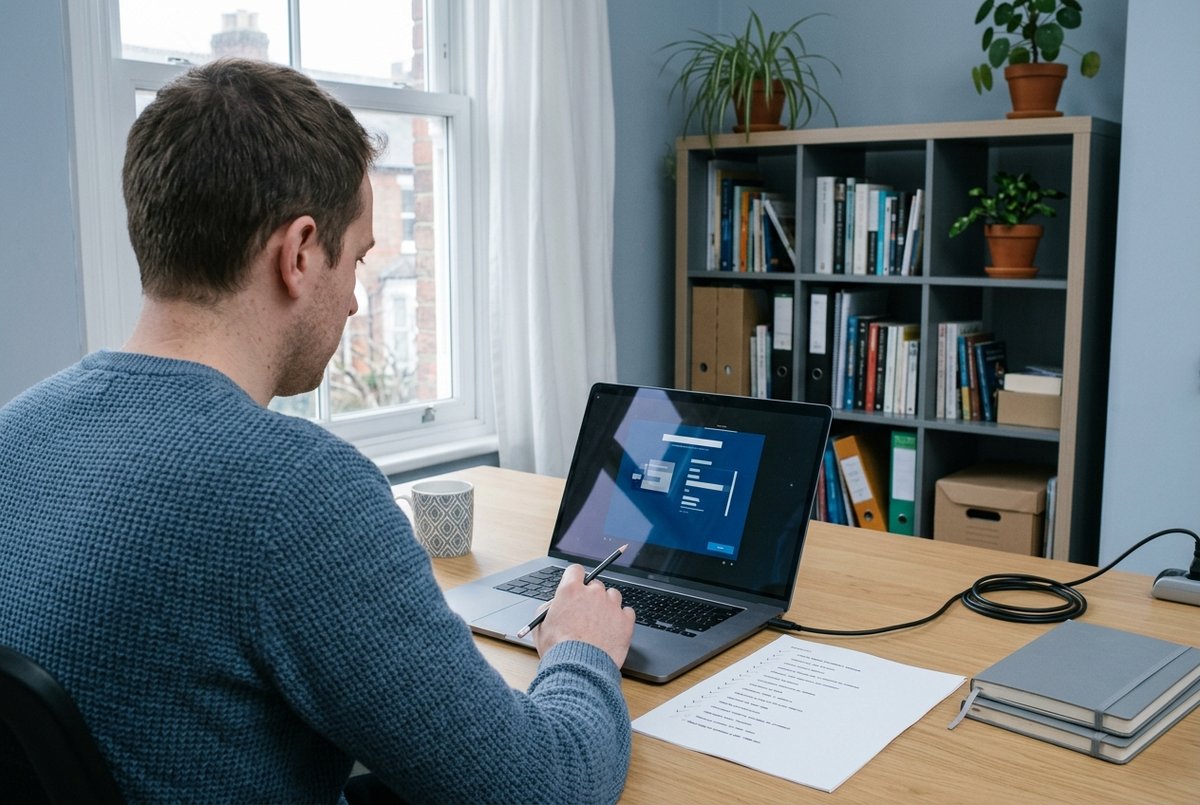 Een man loopt de instelschermen van een leerplatform door met een uitgeprinte eisenlijst ernaast.