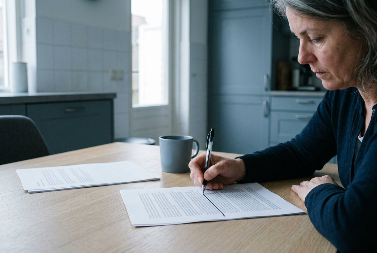 Een vrouw aan een keukentafel trekt met een pen een streep door de tekst op een uitgeprinte pagina, naast haar een mok en een tweede stapel uitgeprinte vellen.