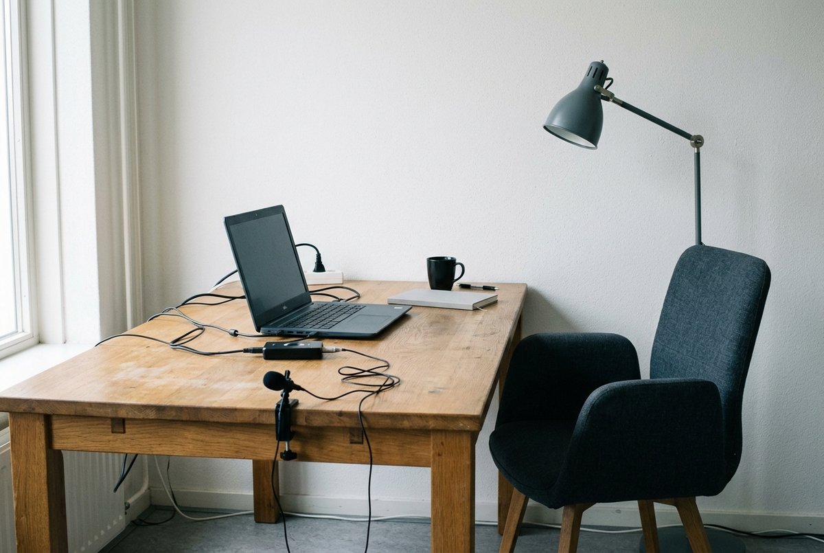 Een eenvoudige opnameopstelling op een bureau met een laptop, een dasspeldmicrofoon en een bureaulamp.