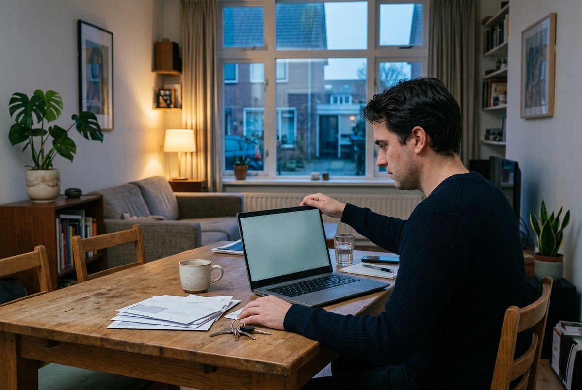 Een man zit 's avonds aan een eettafel met een stapel ongeopende post en een sleutelbos naast zijn laptop en heeft zijn hand al op de bovenrand van het scherm om hem dicht te klappen.