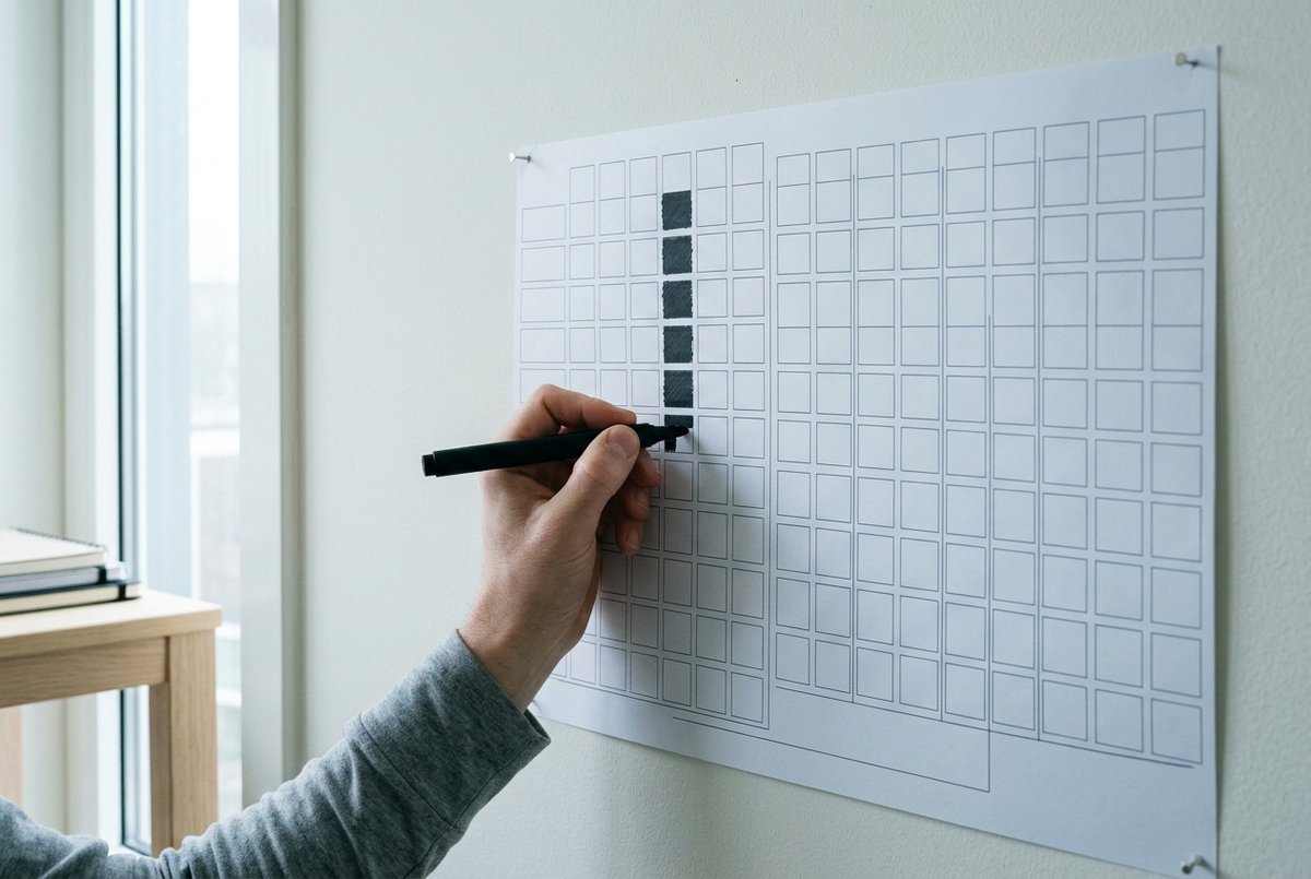 Een hand kleurt met een stift een vakje in op een blanco papieren planner aan de muur, onder een rij eerder ingekleurde vakjes in dezelfde kolom.