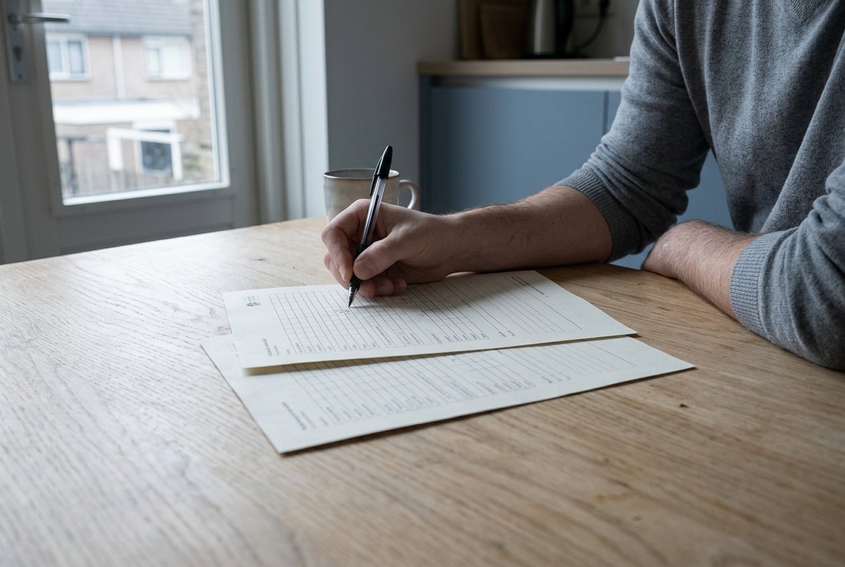 Iemand vult met een pen een uitgeprint werkblad in.